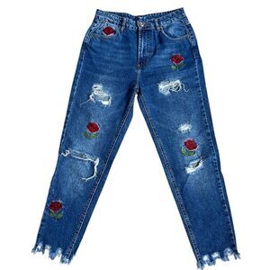 Pull&Bear Distressed Rose Embroidered Jeans Size 26